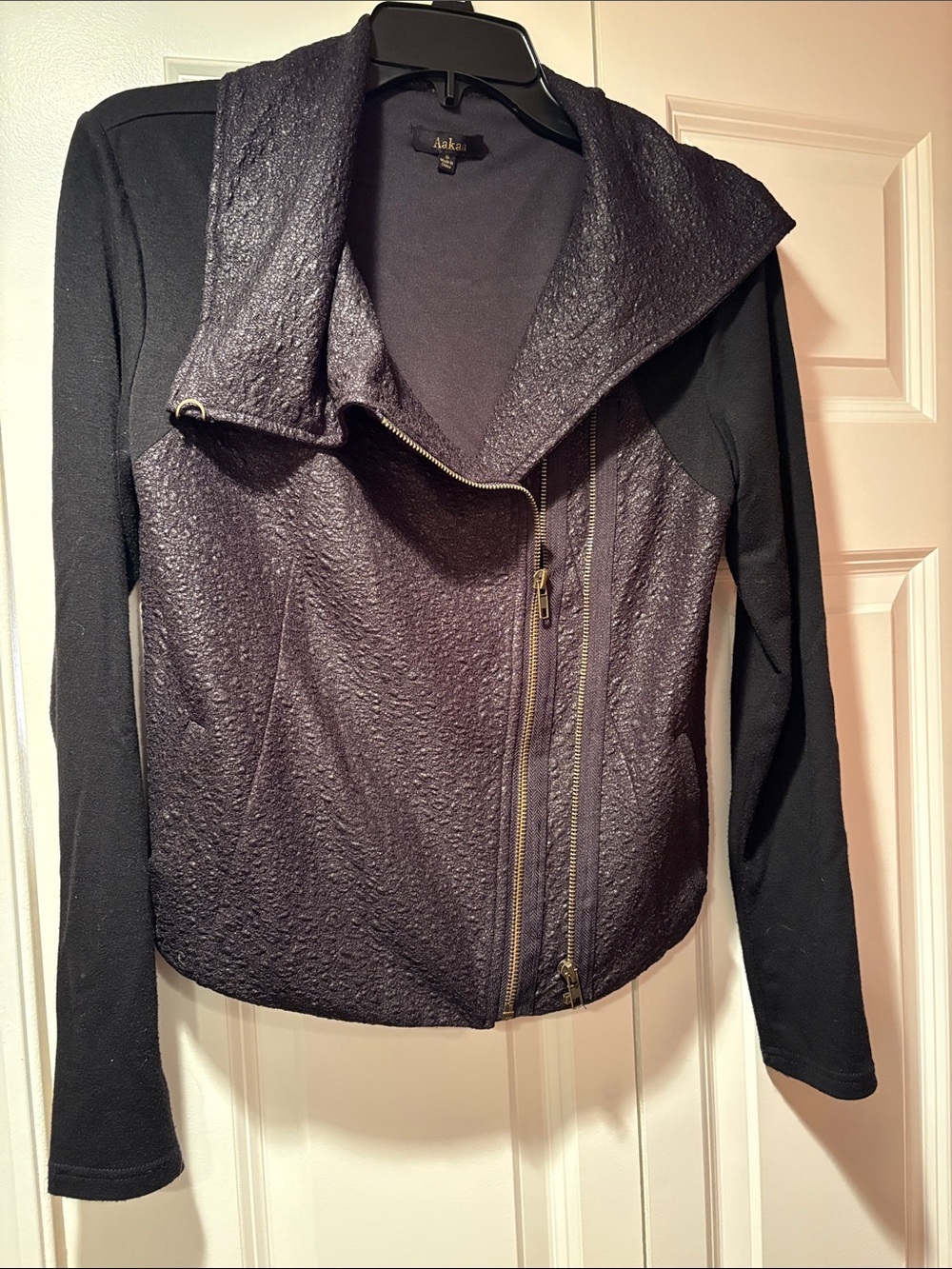 Aakaa Black Textured Front Moto Jacket with Gold Zipper